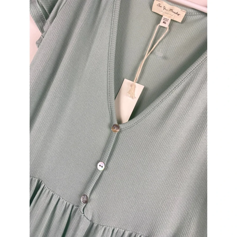 See You Monday Sage Green Ribbed Maxi Dress Flutter Sleeve V-Neck‎ XL NWT